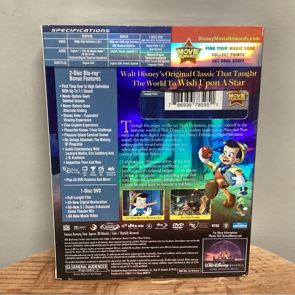 New & Sealed - Blue Ray DVD - Pinocchio - 70th Anniversary - 2 Disco Platinum - Picture 5 of 10